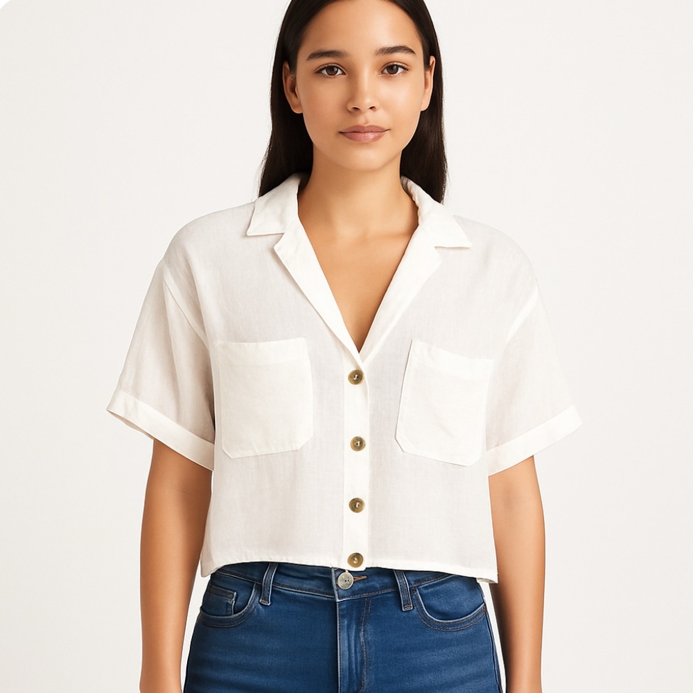 ZARA White Linen Boxy Crop Shirt S | Button-Up Summer Top | 100% Linen